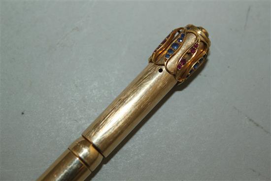 A 1920s 15ct gold and gem set Mabie Todd Swan fountain pen, 5.25in.